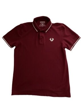 True Religion Burgundy Polo with White Horseshoe Accent Men's L Y2K Streetwear